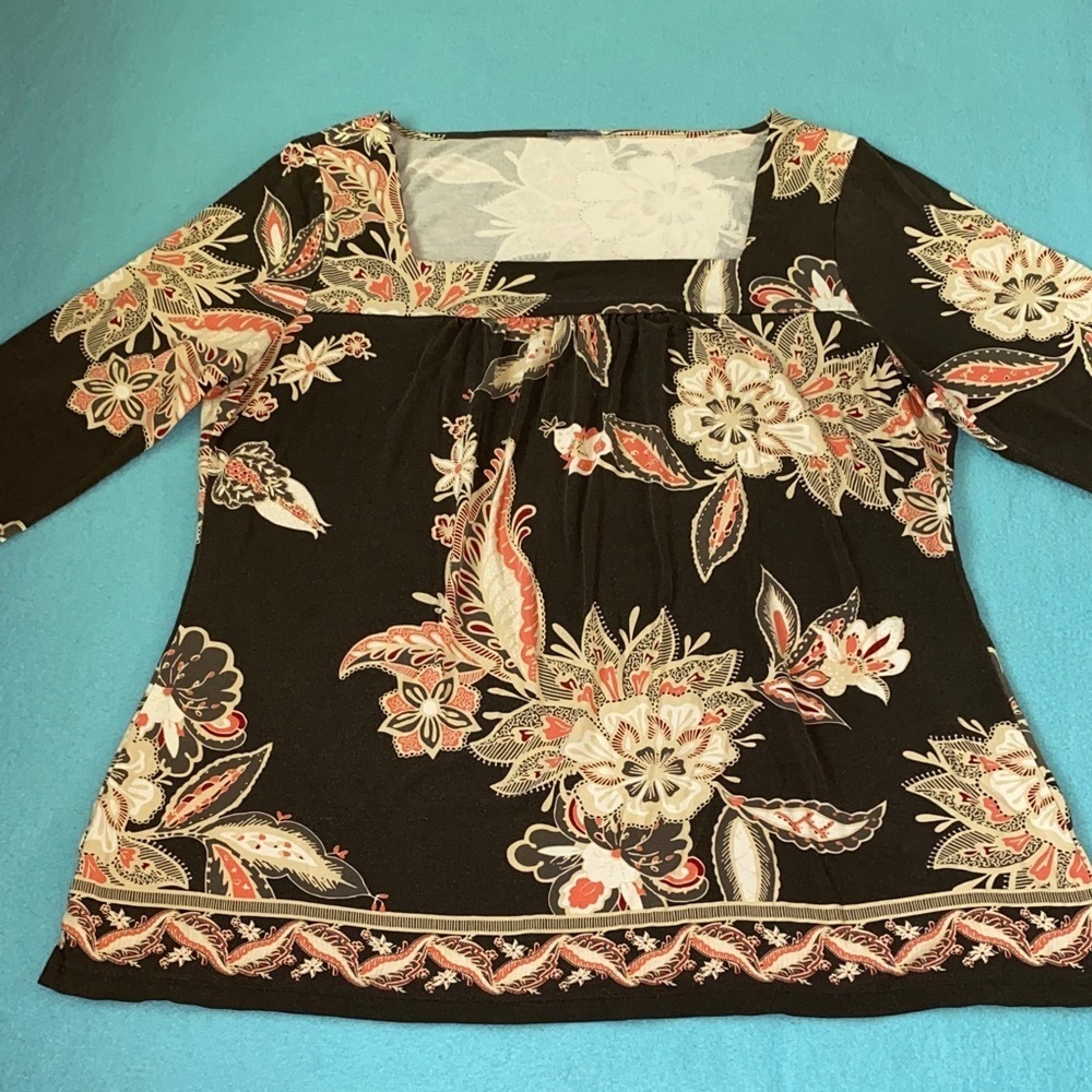 ANN TAYLOR square neck floral print brown cream white orange red trendy size XL